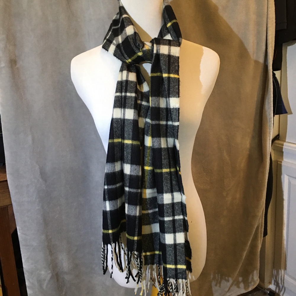 Black, white, and yellow plaid scarf. 100% acrylic